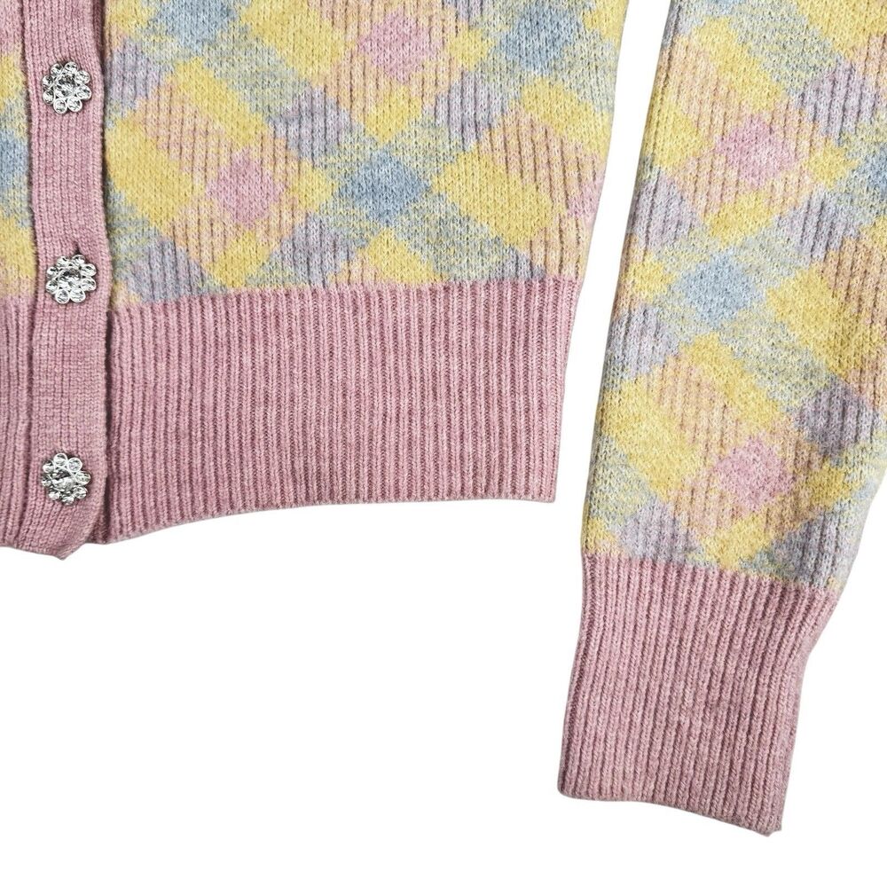 Zara Pastel Argyle Cardigan Womens S Rhinestone Button Preppy Soft Girl Academia - Picture 6 of 13